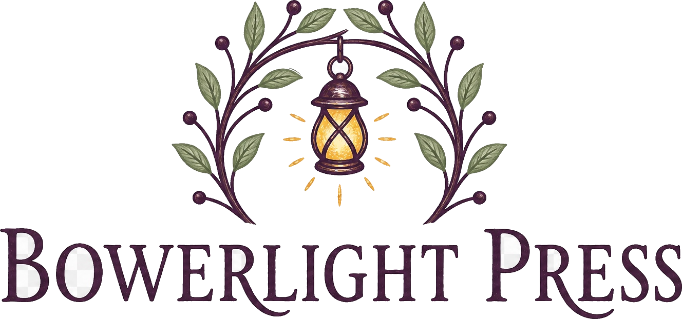 Bowerlight Press — a glowing lantern framed by leafy branches