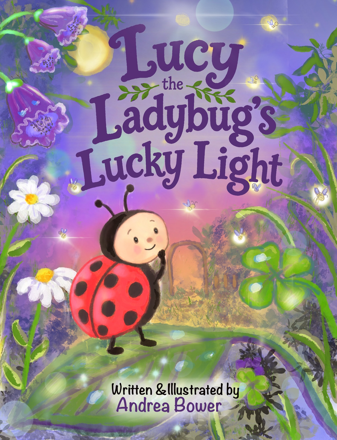 Cover of Lucy the Ladybug’s Lucky Light, with Lucy among flowers and glowing fireflies