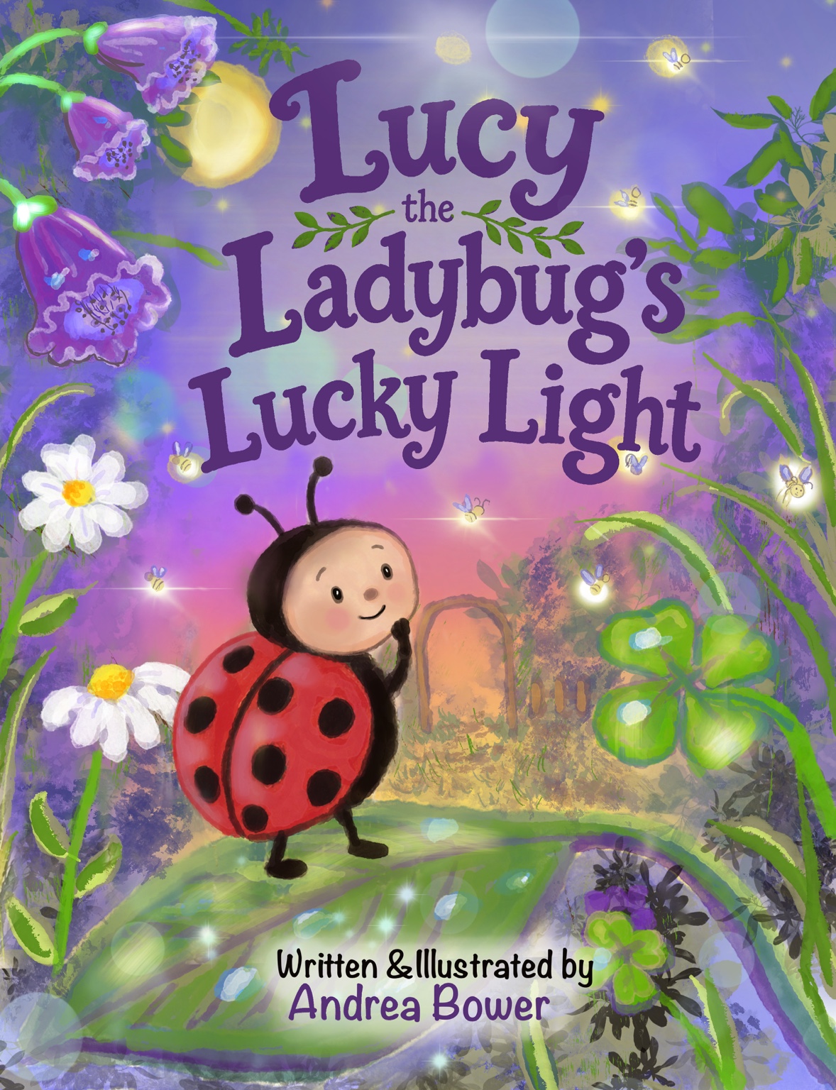 Cover of Lucy the Ladybug’s Lucky Light, with Lucy among flowers and glowing fireflies