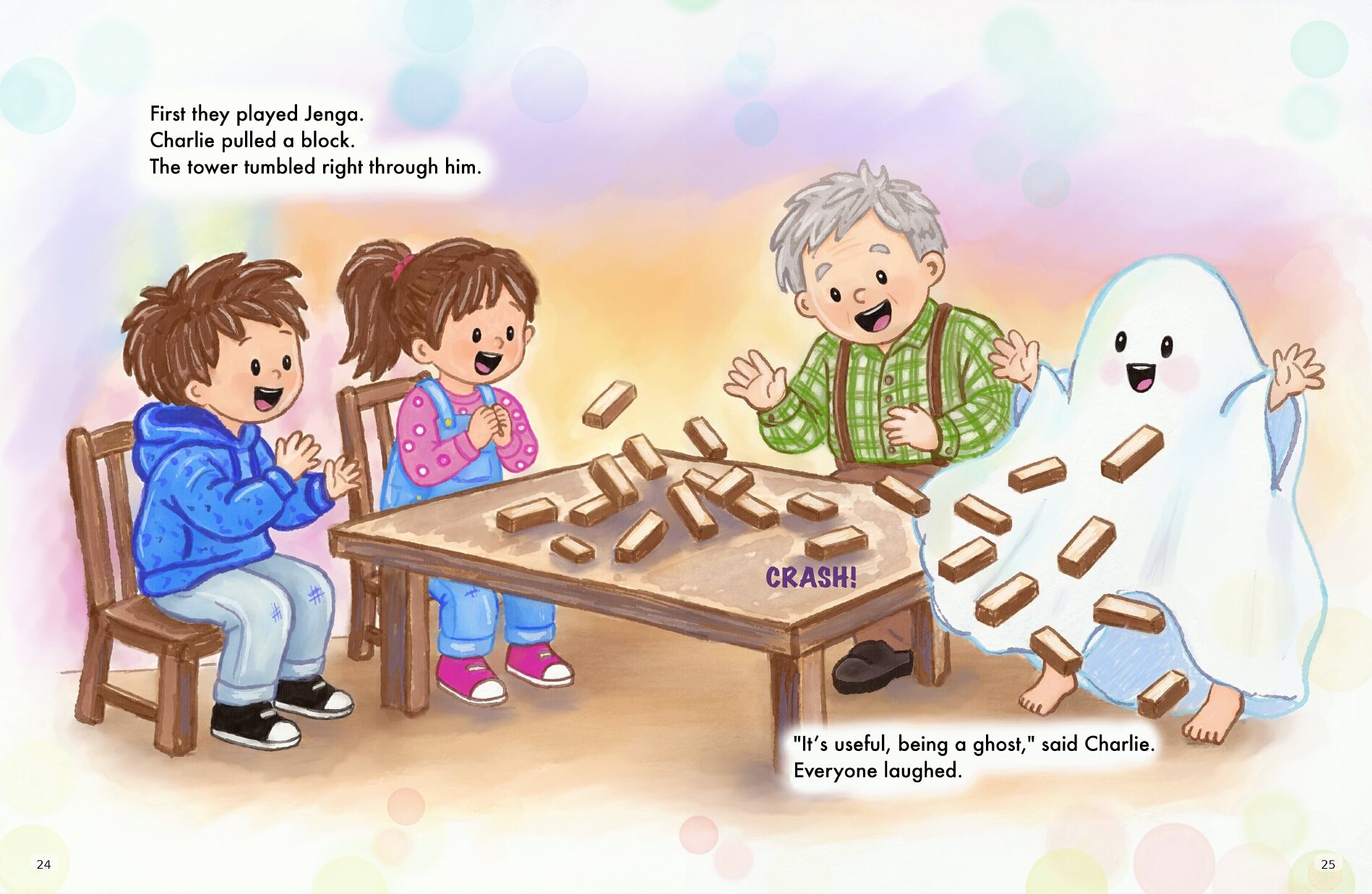 Full two-page Jenga spread showing Noah, Katie, Grandpa, and Charlie laughing as the blocks tumble through Charlie